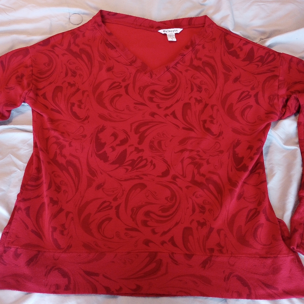 ATHLETA Coaster Luxe Cherry Red Floral V Neck Oversized Sweatshirt Athleisure L